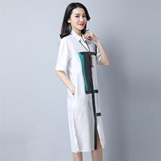中长款短袖2021年夏季排多扣方领麻连衣裙纽扣口袋，女装连衣裙，独衣靓