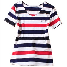 经典2025年夏季短袖常规修身拼接圆领粗横条纹T恤，女装T恤，板酷