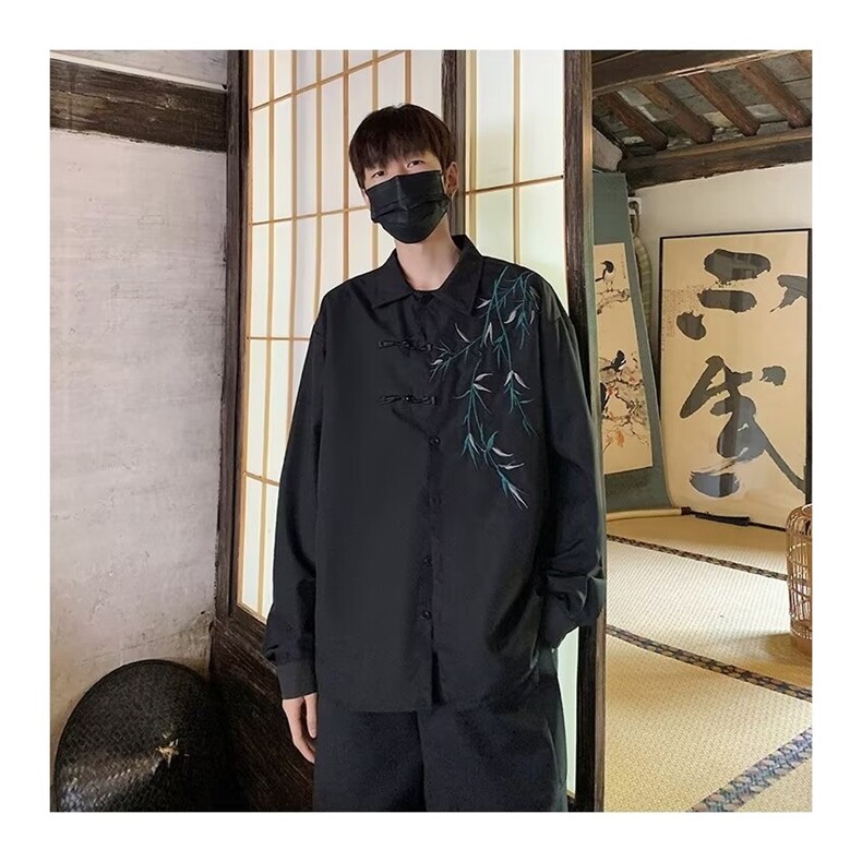 中古风风刺绣衬衫男秋季新款大码宽松长袖衬衣高级感痞帅男装潮,男装衬衫,星座506A