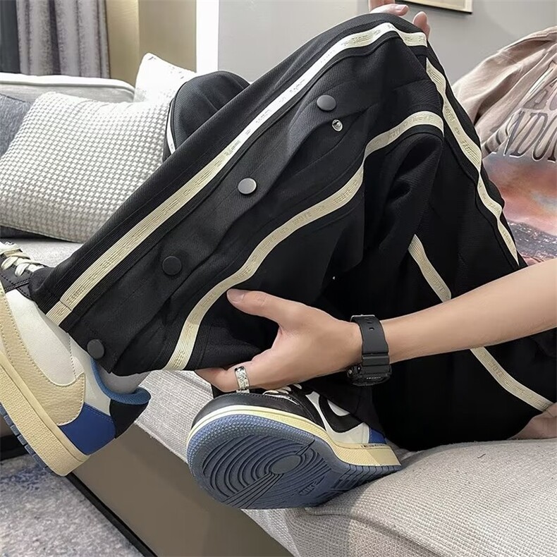 排扣裤男女美式高街条纹运动卫裤痞帅学生休闲直筒长裤B4026-P38,男装休闲裤,星座1008-1