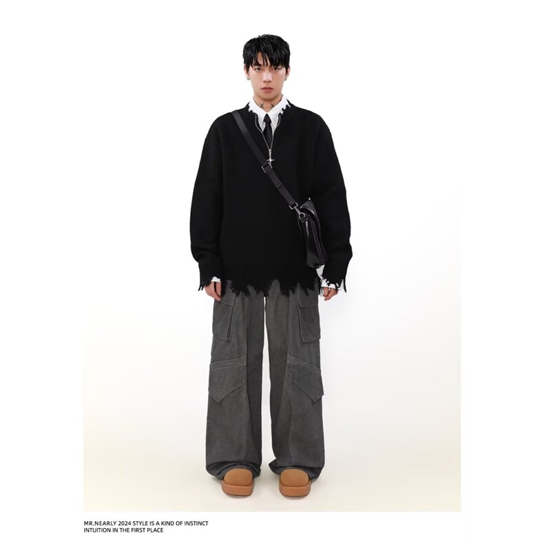 M29-P50复古半拉链破洞破坏毛衣男时尚痞帅慵懒风宽松情侣,男装针织衫/毛衣,电商B323A