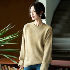 慵懒风圆领拉绒毛衣女2025新款秋冬宽松加厚针织衫百搭上衣羊毛衫，女装羊毛衫，暖烁羊绒