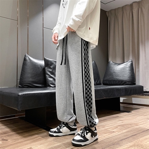 K3196-P45秋装美式潮牌宽松中性男女情侣侧边棋盘格撞色休闲卫裤图片