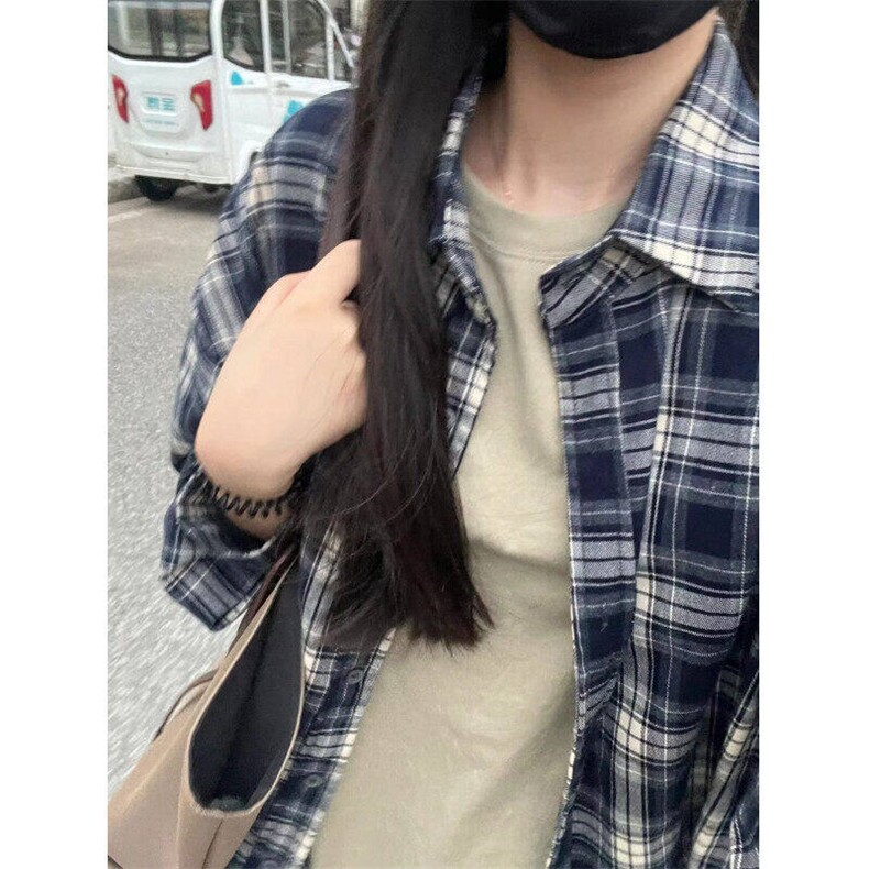 现货蓝色格子衬衫女设计感小众衬衣外套防晒上衣新款WLC099-p35,男装防晒衣,星座1008