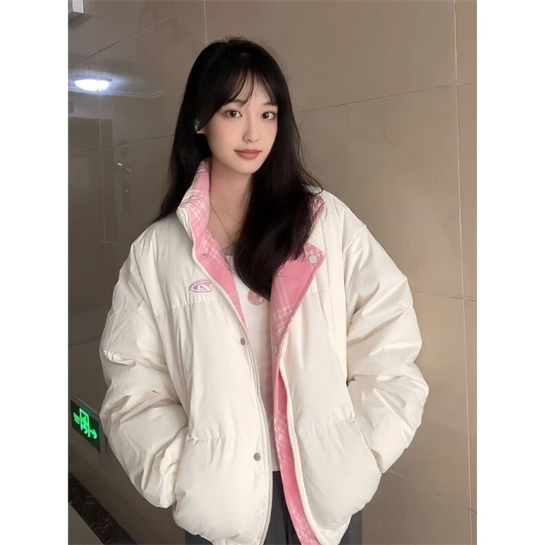 1506-1/M76591/P89韩版辣妹粉白色双面穿立领棉服女外套图片