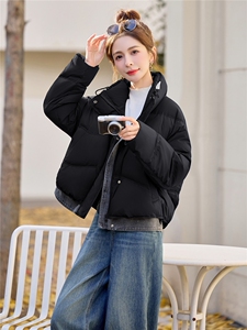 2025新款冬季牛仔拼接立领短款羽绒服外套图片