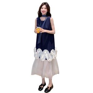 立体花朵假两件连衣裙女2025夏季新款法式时尚撞色拼接无袖长裙图片