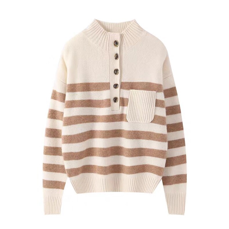 2025年秋季时尚百搭通勤简约休闲针半开襟经典条纹，女装羊绒衫，北娇羊绒