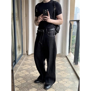丹宁色牛仔裤男女款垂感宽松阔腿裤美式复古松弛感裤子微喇弯刀裤图片