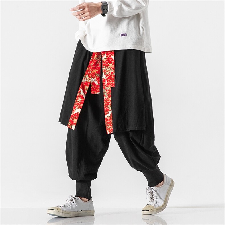 秋冬大码风仙鹤拼接棉麻裤汉服宋裤宽松休闲阔腿裤K113/P80,男装民族服装,钱塘713