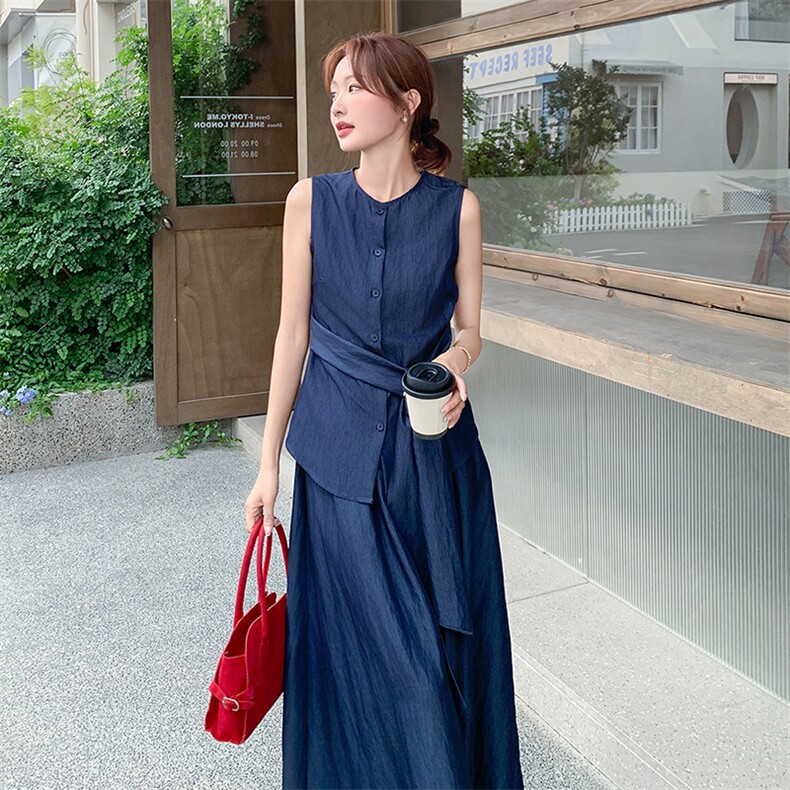 老钱风无袖绑带上衣半身裙套装女2025夏季新款法式气质显瘦两件套,女装套装/套裙,浙宝305