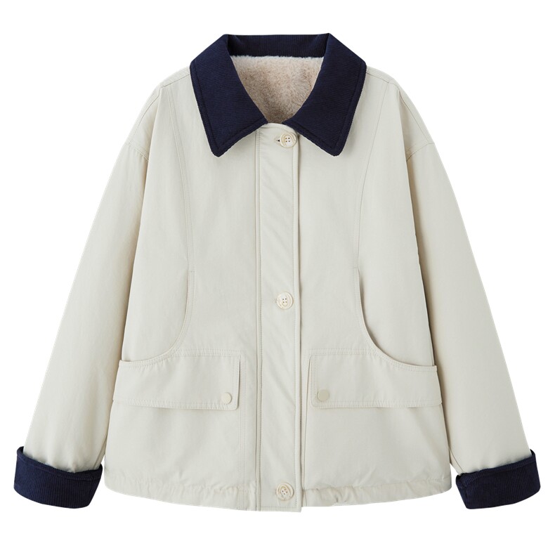 时尚撞色翻领加绒派克服外套女2025秋冬新款宽松显瘦休闲百搭棉服,女装棉衣/棉服,依万里