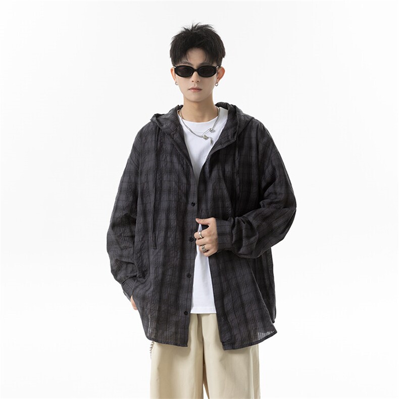 夏季连帽格子防晒衬衣男宽松美式痞帅休闲情侣长袖衬衫P50控78，男装防晒衣，星座516