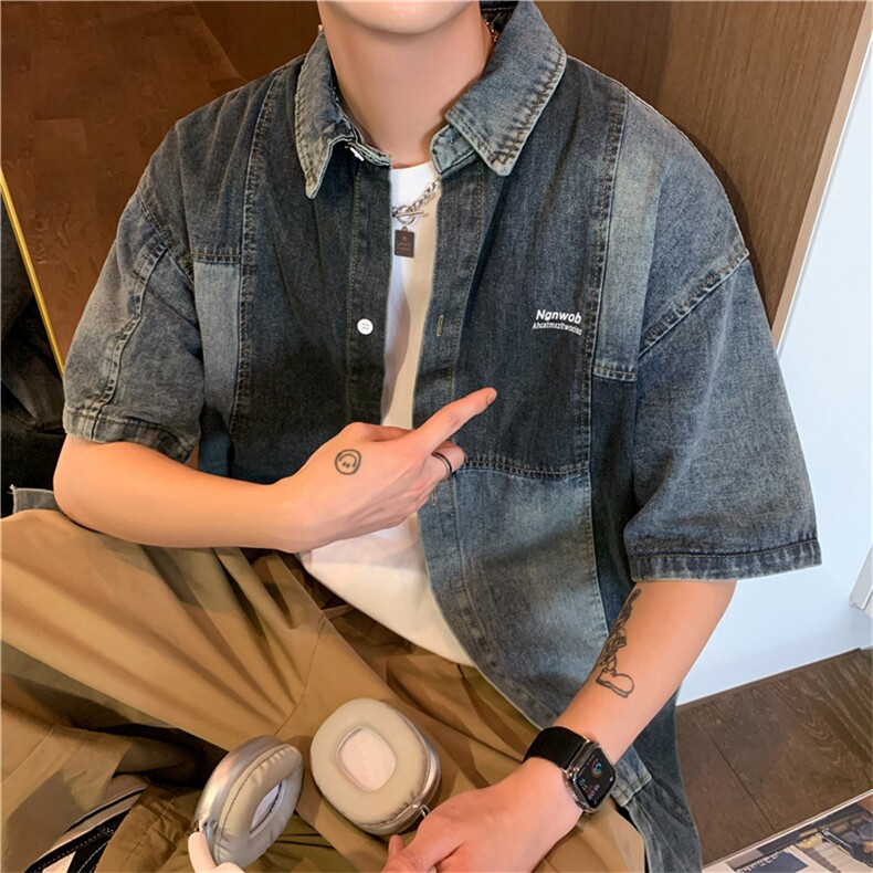 美式撞色拼接情侣款牛仔短袖衬衫男夏季宽松高级感外套C0609-P55,男装衬衫,星座308B-2