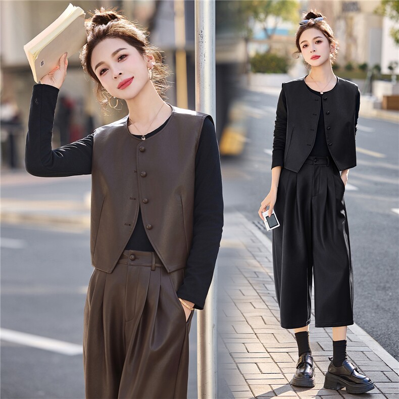 现货皮衣三件套2026年春季新款女装时尚气质休闲马甲七分弯刀马裤,女装套装/套裙,关键词
