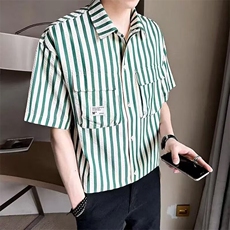 青少年条纹翻领短袖衬衫男孩夏季工装薄款外套高中学生七分袖衬衣，男装T恤，星座506A