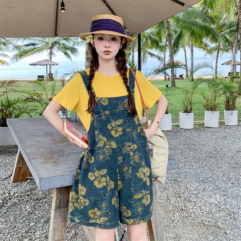 小众设计感复古鬼马少女印花牛仔背带裤纯色T恤遮肉2025夏季套装,女装套装/套裙,2B237