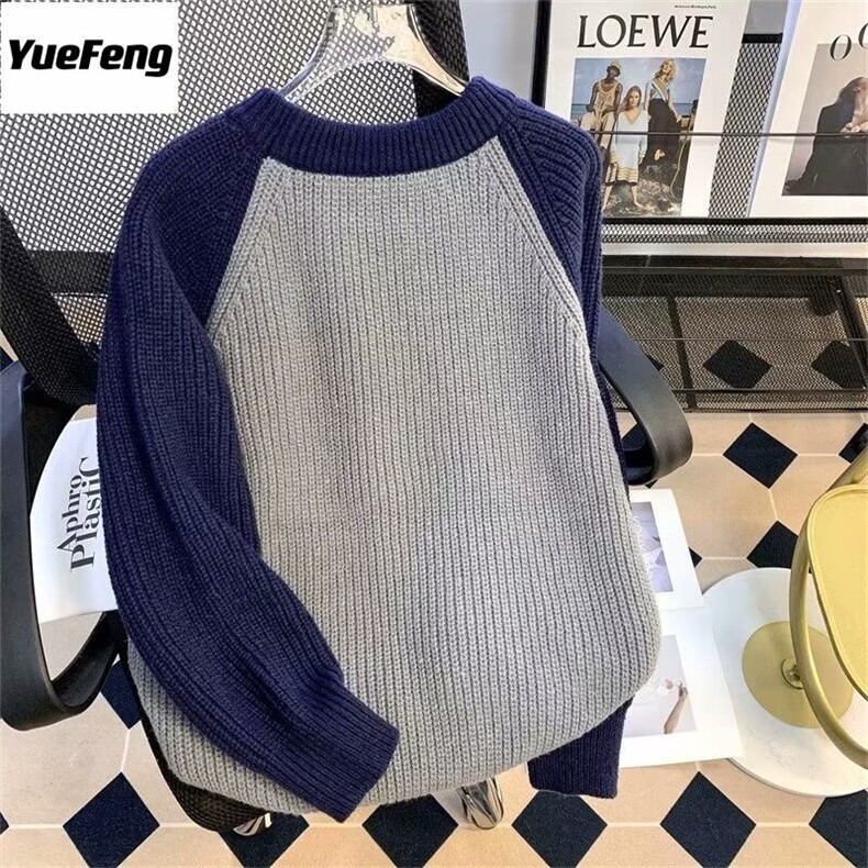 M262-P42百搭软糯撞色拼接毛衣青少年冬季套头宽松打底,男装T恤,电商B323A