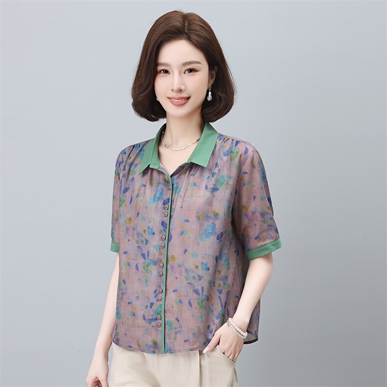 夏季冰丝棉麻女夏装2024新款妈妈洋气时尚休闲亚麻,女装蕾丝衫/雪纺衫,依恋蒂丝