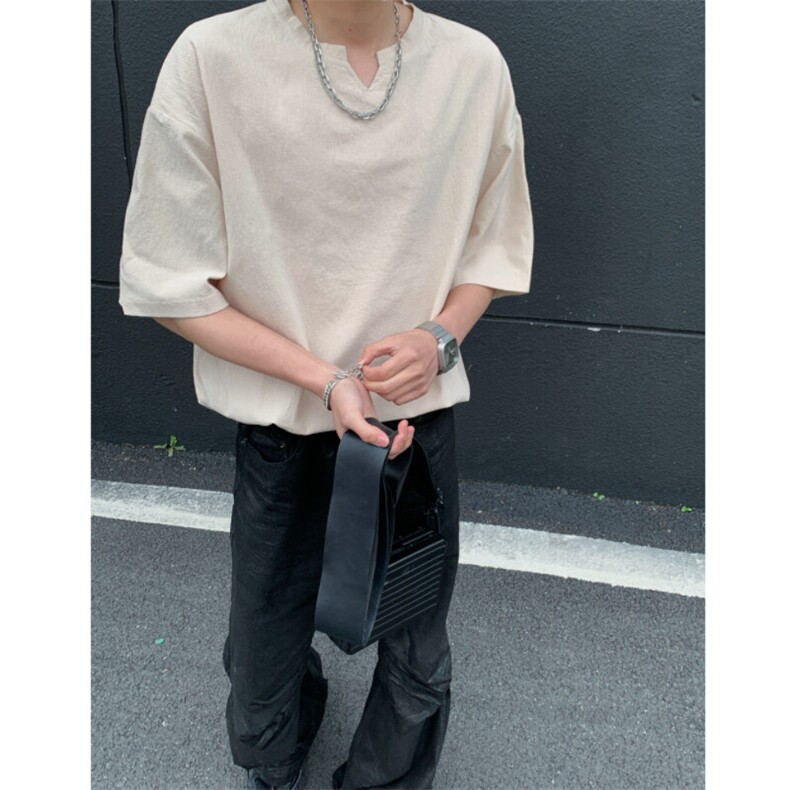 2026夏装V领薄款棉麻五分袖T恤面料:棉T5501/特P20杏色5,男装T恤,电商A094