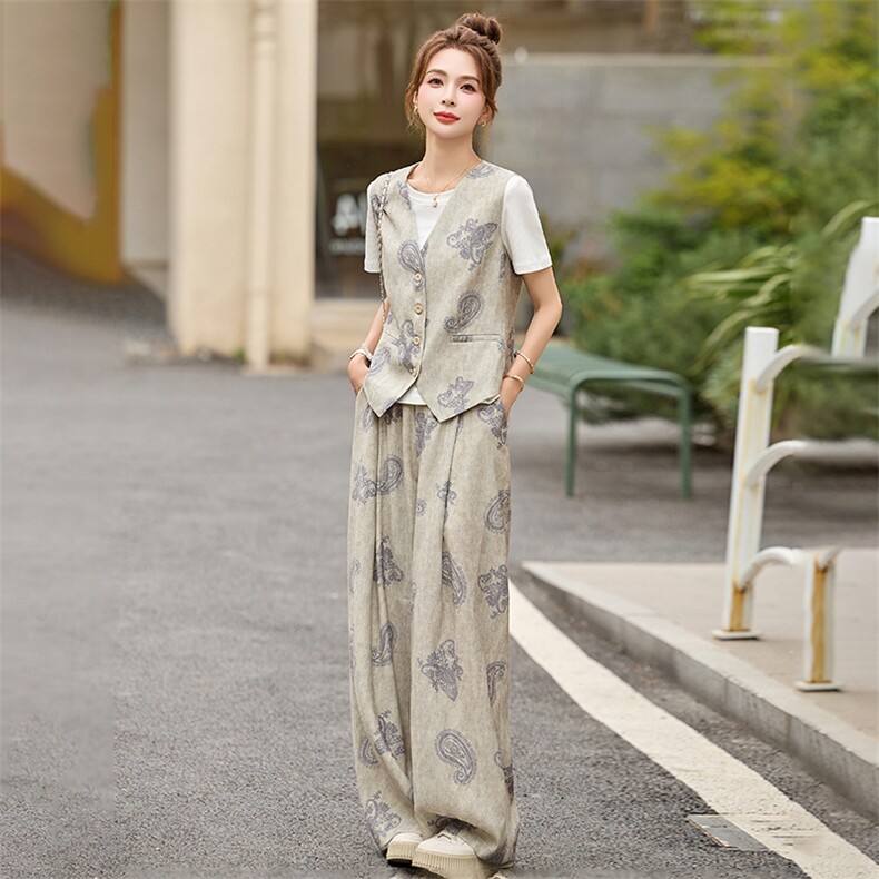 时尚印花马甲阔腿裤套装女2025夏季新款气质休闲短袖阔腿裤三件套,女装套装/套裙,依如秀(原杭风阁)