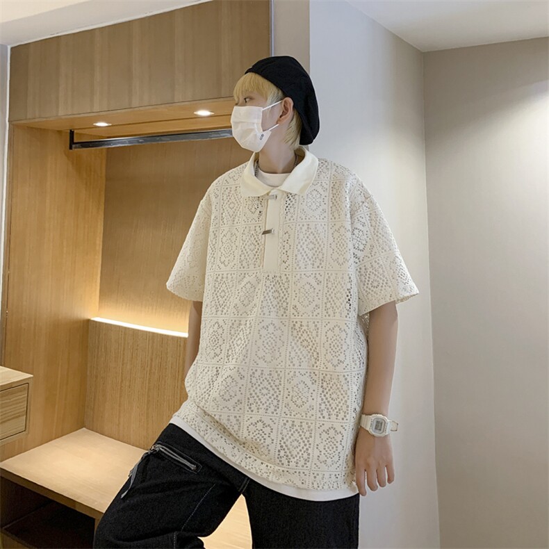提花网格POLO衫男港风潮流帅气夏季翻领T恤宽松上衣PL0091-P40,男装Polo衫,星座308B-1