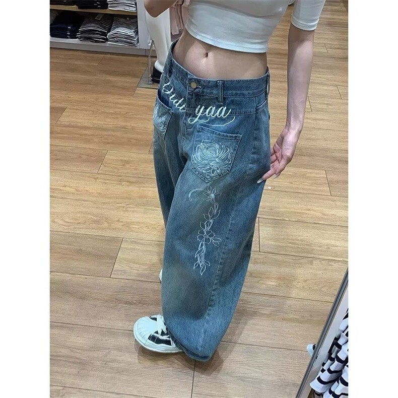 复古做旧刺绣牛仔裤男女新款宽松阔腿拖地休闲直筒长裤LA1266-P52,男装牛仔裤,星座1008
