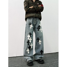 2025春季重工贴皮十字架刺绣拖地阔腿直筒牛仔裤男宽松轻奢长裤子，男装皮裤，四季星座505