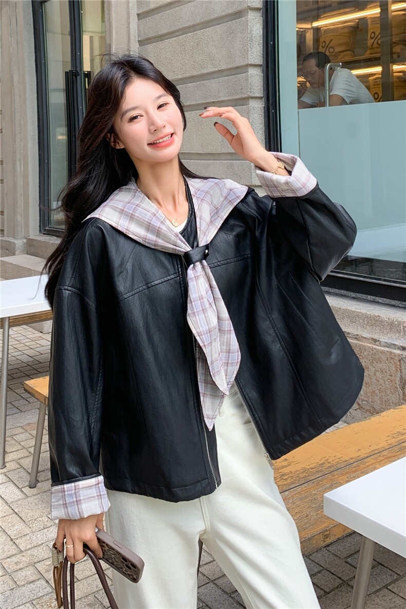 可拆卸格子连帽皮衣外套女2025秋季新款甜酷风宽松小个子短款夹克,女装皮衣,2C236