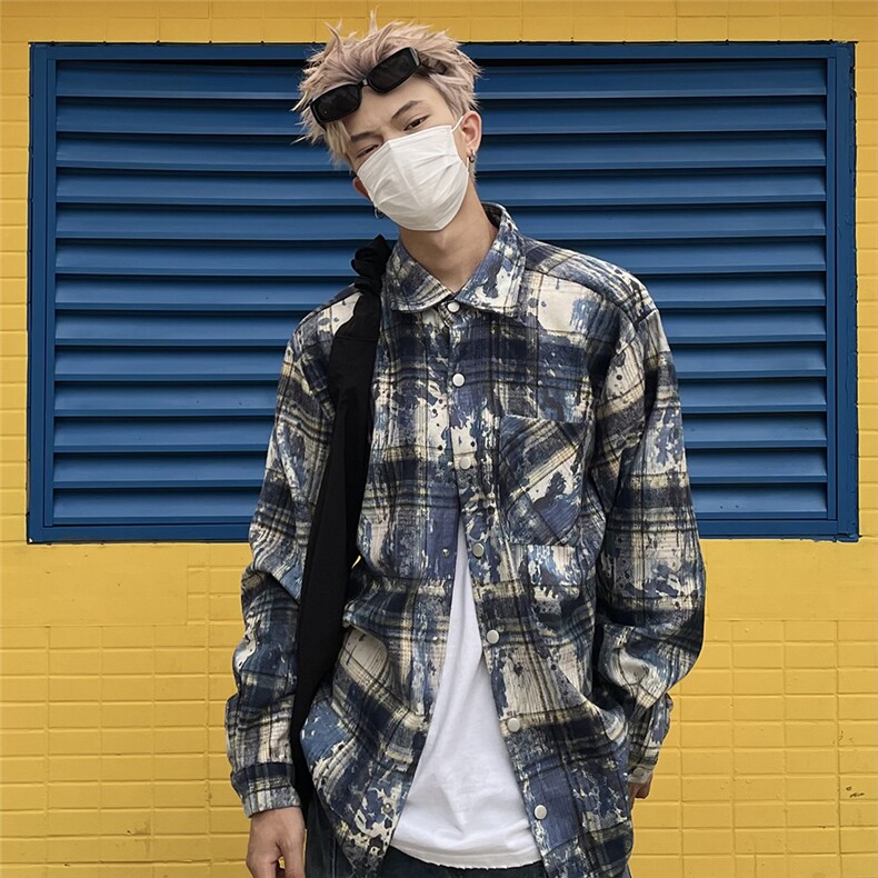 水墨晕染毛边格子衬衫开衫外套潮流男宽松初秋上衣C172/P55,男装衬衫,星座506A