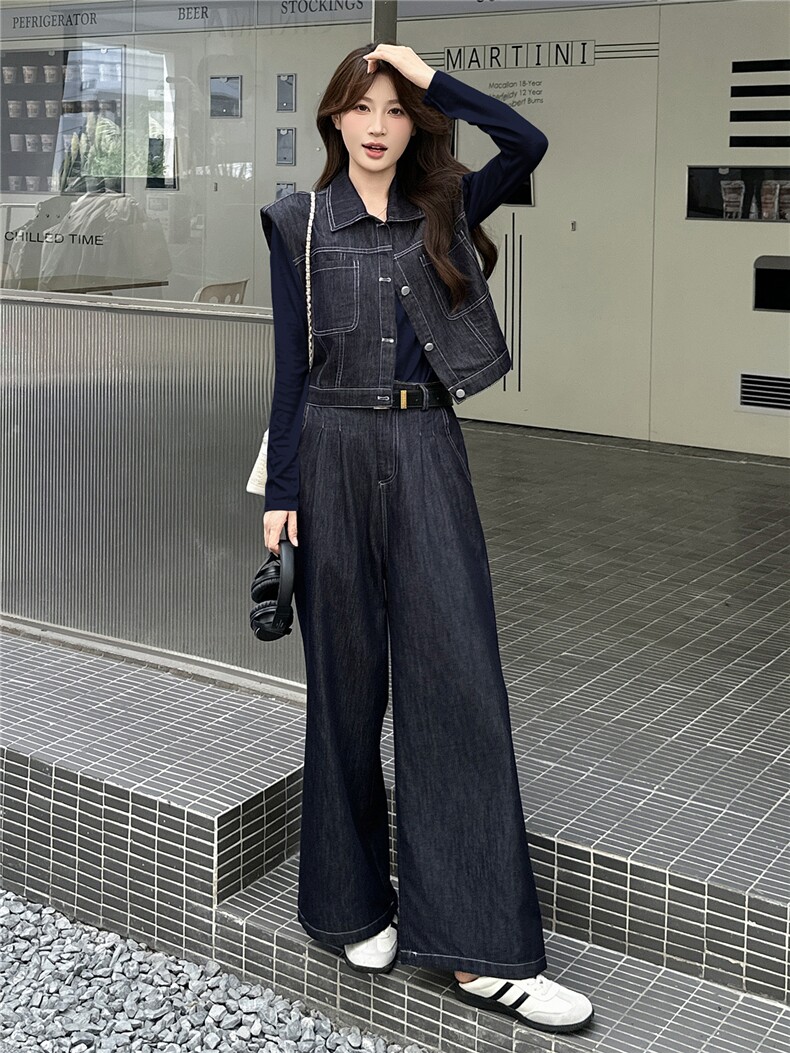 复古牛仔套装女2025秋季新款短袖马甲上衣阔腿长裤套装,女装套装/套裙,瑶迪依秀