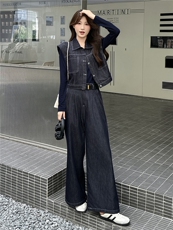 复古牛仔套装女2025秋季新款短袖马甲上衣阔腿长裤套装，女装套装/套裙，瑶迪依秀