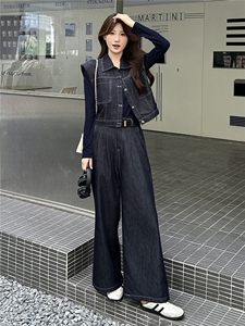 复古牛仔套装女2025秋季新款短袖马甲上衣阔腿长裤套装图片