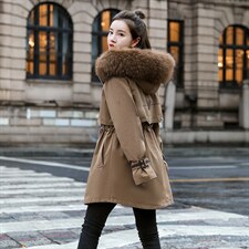 棉衣/棉服2023新款冬仿羊羔毛中长款工装带帽派克服女外套配毛领，女装派克服，瑶迪依秀