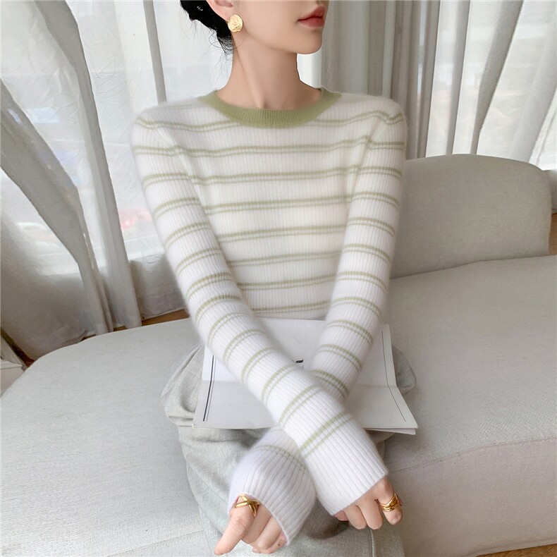 2025新款软糯条纹山羊绒衫女圆领修身显瘦减龄秋冬毛衣打底针织衫,女装羊毛衫,拓驰羊绒