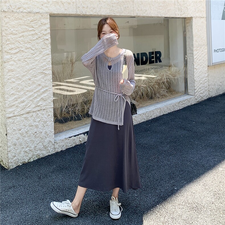 法式镂空罩衫针织衫女外搭防晒衣上衣修身显瘦吊带连衣裙两件套,女装连衣裙,2C166
