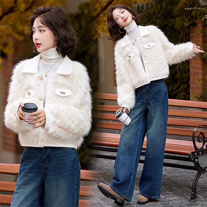 仿狐狸毛环保皮草外套女冬季小香风翻领年轻款气质拼皮风高端上衣，女装皮草，跑量工厂店