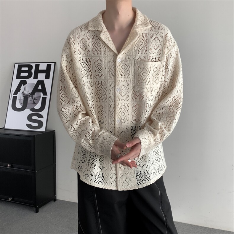 春季复古镂空花衬衫男设计感小众日系宽松宽松衬衣外套高级上衣,男装衬衫,星座909