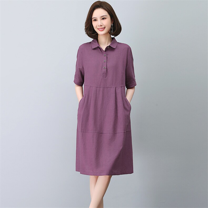 棉麻连衣裙女夏季2025新款大码宽松显瘦法式气质妈妈亚麻衬衫裙子,女装连衣裙,忆绮罗