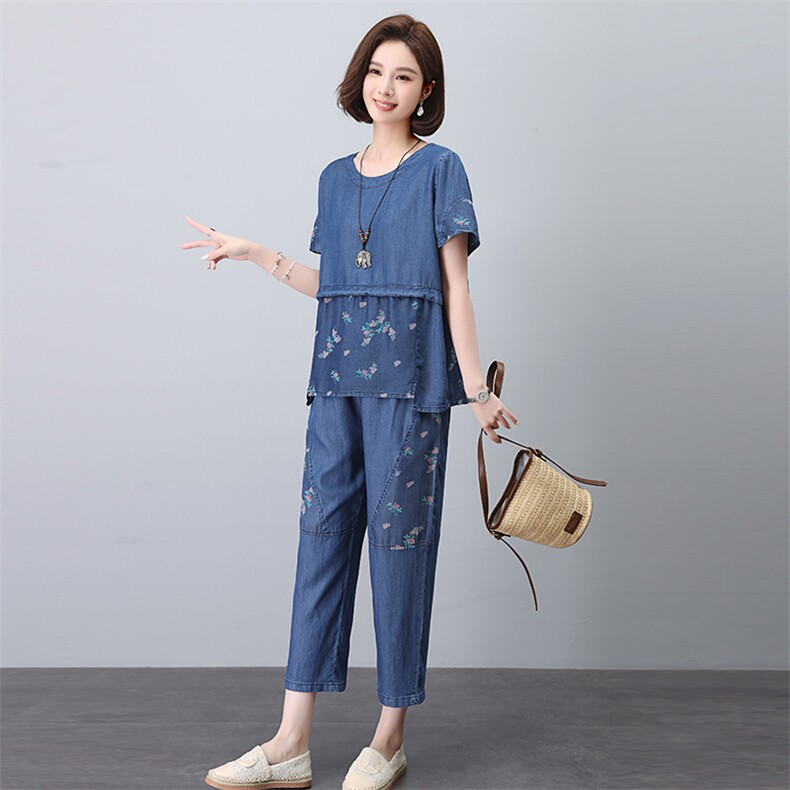 莱赛尔天丝牛仔套装女2024年夏季新款潮韩版休闲两件套装裤子减龄,女装套装/套裙,简韵佳