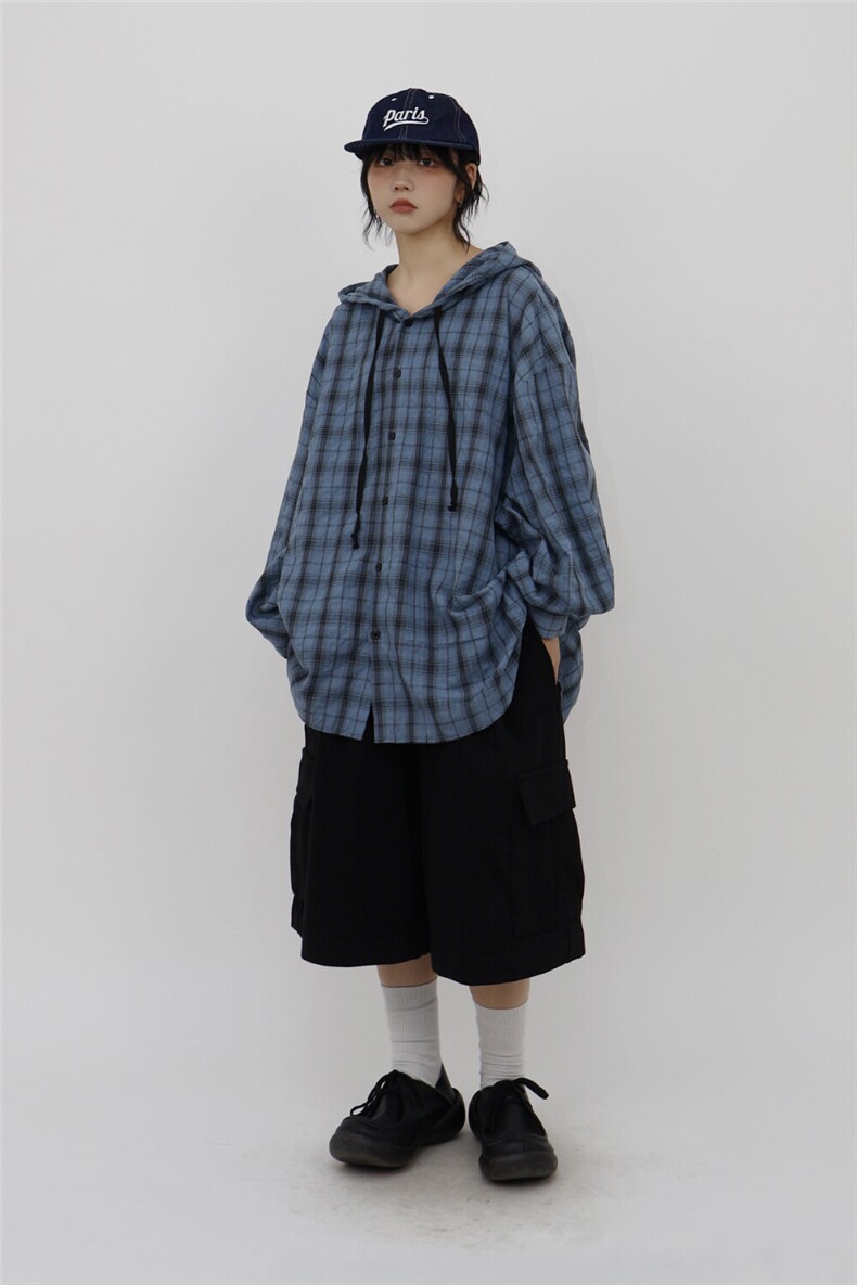 长袖连帽格子衬衫男女款春复古格纹休闲慵懒情侣衬衣特价35,女装衬衫,星座710