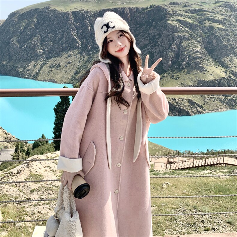 甜美风可脱卸兔耳朵连帽羊毛大衣女2025冬季气质氛围感双面呢外套,女装羊绒大衣,2C056
