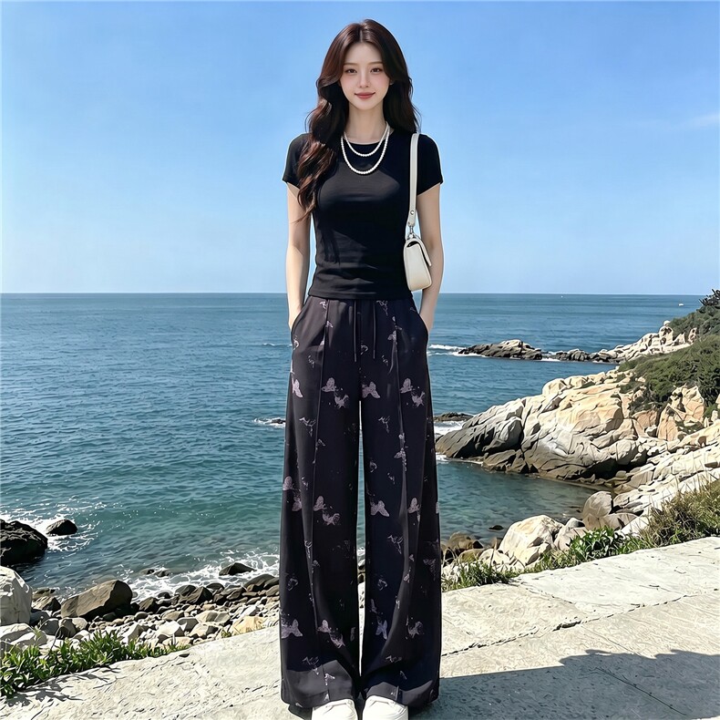 女夏季高级感休闲运动套装圆领收腰短袖阔腿蝴蝶印花长裤两件套潮,女装套装/套裙,江南