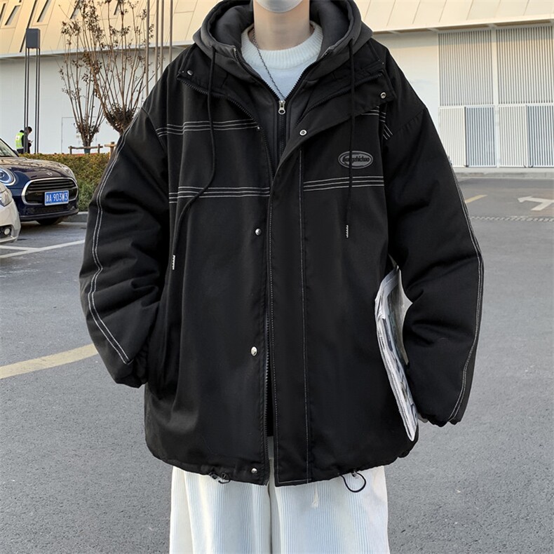 港风新款假两件外套男秋冬款宽松抽绳夹克拉链保暖棉服 W2477-P85图片