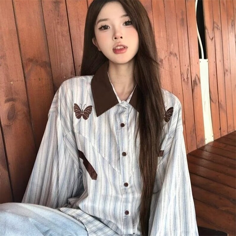 美式复古长袖衬衫日系港风ins宽松衬衣男女春秋潮流百搭休闲外套图片