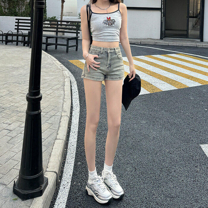 复古高腰牛仔短裤女春季2025年新款宽松显瘦辣妹a字紧身显瘦热裤,女装牛仔裤,星座506