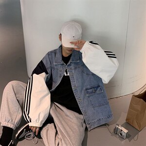 秋季假两件ins牛仔夹克潮牌欧美街头嘻哈宽松工装外套 W1339-P60图片