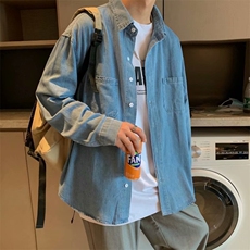 日系小清新ins潮流长袖衬衫男复古百搭宽松帅气牛仔衬衣L9266-P45，男装衬衫，星座1008