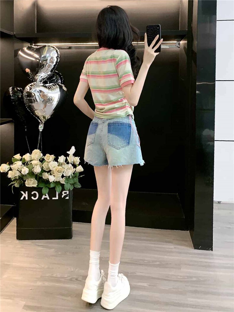 女夏季新款韩版运动休闲套装修身显瘦圆领条纹短袖牛仔短裤两件套,女装套装/套裙,江南