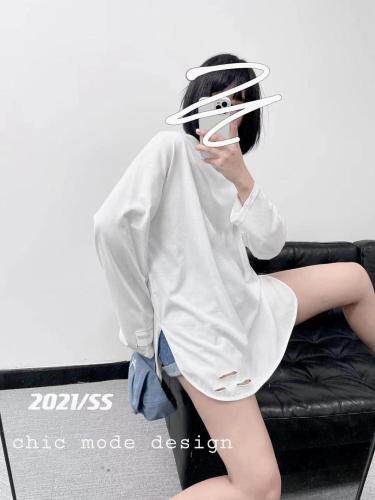 纯色破洞设计棉T，女装，HEY.KK